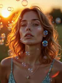 woman blowing bubbles. all around her are floating bubbles. many bubbles floating. the bubbles reflect her face. it is golden hour at sunset.