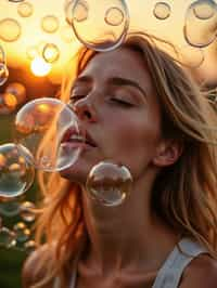 woman blowing bubbles. all around her are floating bubbles. many bubbles floating. the bubbles reflect her face. it is golden hour at sunset.