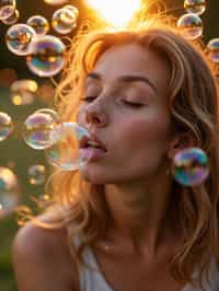 woman blowing bubbles. all around her are floating bubbles. many bubbles floating. the bubbles reflect her face. it is golden hour at sunset.