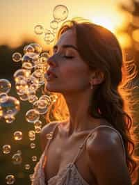 woman blowing bubbles. all around her are floating bubbles. many bubbles floating. the bubbles reflect her face. it is golden hour at sunset.