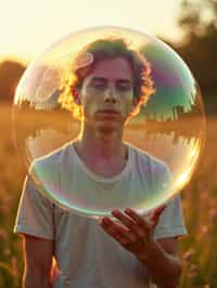 man holding a giant soap bubble in a sunlit field