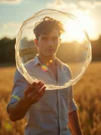 man holding a giant soap bubble in a sunlit field