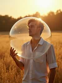 man holding a giant soap bubble in a sunlit field