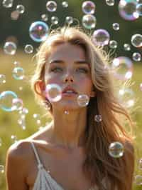 man blowing bubbles. all around her are floating bubbles. many bubbles floating. the bubbles reflect her face. she stands in a sunlit field.