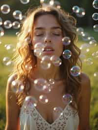 man blowing bubbles. all around her are floating bubbles. many bubbles floating. the bubbles reflect her face. she stands in a sunlit field.