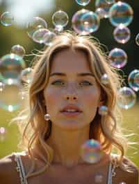 man blowing bubbles. all around her are floating bubbles. many bubbles floating. the bubbles reflect her face. she stands in a sunlit field.