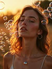 man blowing bubbles. all around her are floating bubbles. many bubbles floating. the bubbles reflect her face. it is golden hour at sunset.