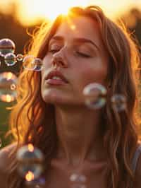 man blowing bubbles. all around her are floating bubbles. many bubbles floating. the bubbles reflect her face. it is golden hour at sunset.