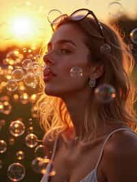 man blowing bubbles. all around her are floating bubbles. many bubbles floating. the bubbles reflect her face. it is golden hour at sunset.