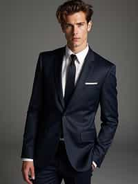 man wearing  navy colored suit in try on fashion shoot for Zara Shein H&M