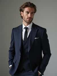 man wearing  navy colored suit in try on fashion shoot for Zara Shein H&M