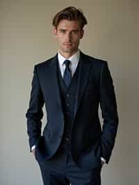 man wearing  navy colored suit in try on fashion shoot for Zara Shein H&M