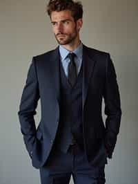 man wearing  navy colored suit in try on fashion shoot for Zara Shein H&M