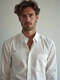 man wearing  white collar shirt in try on fashion shoot for Zara Shein H&M