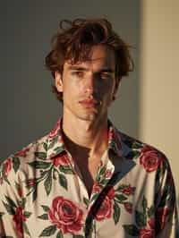 man wearing  floral silk shirt in try on fashion shoot for Zara Shein H&M