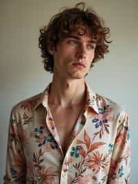 man wearing  floral silk shirt in try on fashion shoot for Zara Shein H&M