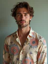 man wearing  floral silk shirt in try on fashion shoot for Zara Shein H&M