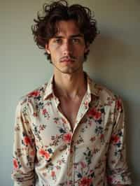 man wearing  floral silk shirt in try on fashion shoot for Zara Shein H&M