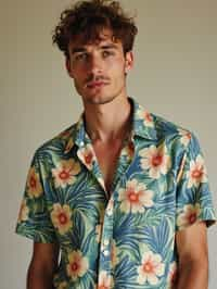 man wearing  hawaii shirt in try on fashion shoot for Zara Shein H&M