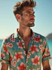 man wearing  hawaii shirt in try on fashion shoot for Zara Shein H&M