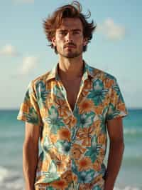 man wearing  hawaii shirt in try on fashion shoot for Zara Shein H&M