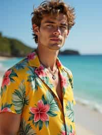 man wearing  hawaii shirt in try on fashion shoot for Zara Shein H&M