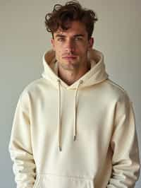 man wearing  cream hoodie in try on fashion shoot for Zara Shein H&M