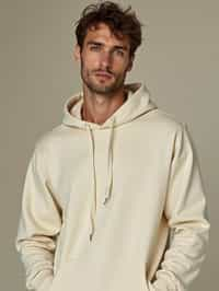 man wearing  cream hoodie in try on fashion shoot for Zara Shein H&M