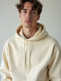 man wearing  cream hoodie in try on fashion shoot for Zara Shein H&M