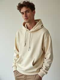 man wearing  cream hoodie in try on fashion shoot for Zara Shein H&M