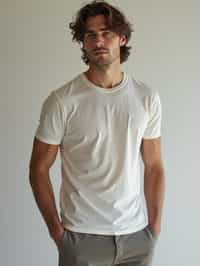 man wearing  t-shirt and pants in try on fashion shoot for Zara Shein H&M