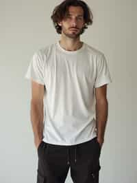 man wearing  t-shirt and pants in try on fashion shoot for Zara Shein H&M