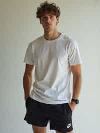 man wearing  t-shirt and gym shorts in try on fashion shoot for Zara Shein H&M