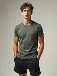 man wearing  t-shirt and gym shorts in try on fashion shoot for Zara Shein H&M