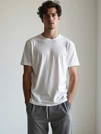 man wearing  t-shirt and gym shorts in try on fashion shoot for Zara Shein H&M