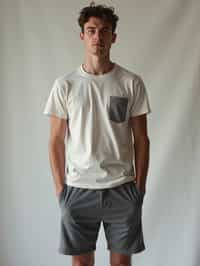 man wearing  t-shirt and gym shorts in try on fashion shoot for Zara Shein H&M