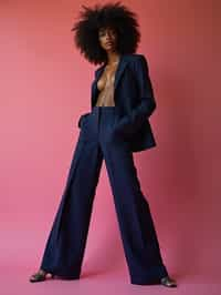 woman wearing navy colopink pants suit  in try on fashion shoot for Zara Shein H&M