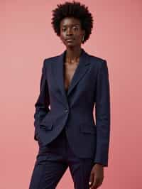 woman wearing navy colopink pants suit  in try on fashion shoot for Zara Shein H&M