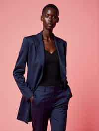 woman wearing navy colopink pants suit  in try on fashion shoot for Zara Shein H&M