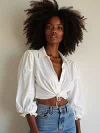 woman wearing white cropped blouse and denim jeans  in try on fashion shoot for Zara Shein H&M