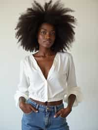 woman wearing white cropped blouse and denim jeans  in try on fashion shoot for Zara Shein H&M