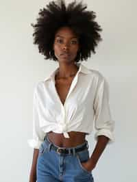 woman wearing white cropped blouse and denim jeans  in try on fashion shoot for Zara Shein H&M