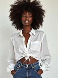 woman wearing white cropped blouse and denim jeans  in try on fashion shoot for Zara Shein H&M