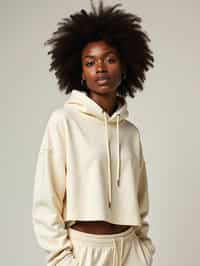 woman wearing cropped cream hoodie  in try on fashion shoot for Zara Shein H&M