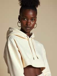 woman wearing cropped cream hoodie  in try on fashion shoot for Zara Shein H&M