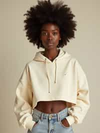 woman wearing cropped cream hoodie  in try on fashion shoot for Zara Shein H&M