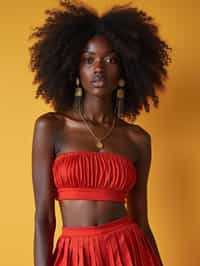 woman wearing crop top and short pleated skirt  in try on fashion shoot for Zara Shein H&M