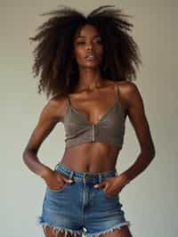 woman wearing crop top and denim shorts  in try on fashion shoot for Zara Shein H&M