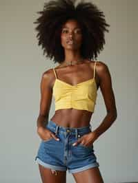 woman wearing crop top and denim shorts  in try on fashion shoot for Zara Shein H&M