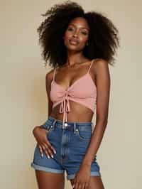 woman wearing crop top and denim shorts  in try on fashion shoot for Zara Shein H&M